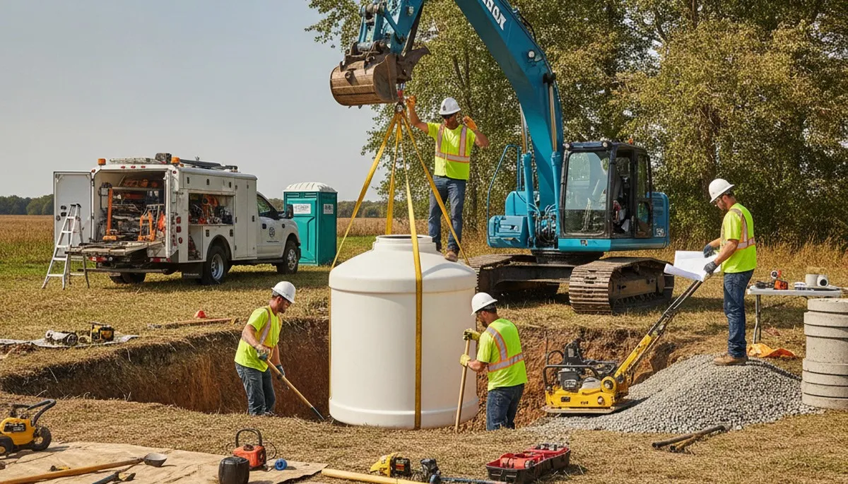 Austin, TX septic tank installation by licensed plumbers on a residential job site