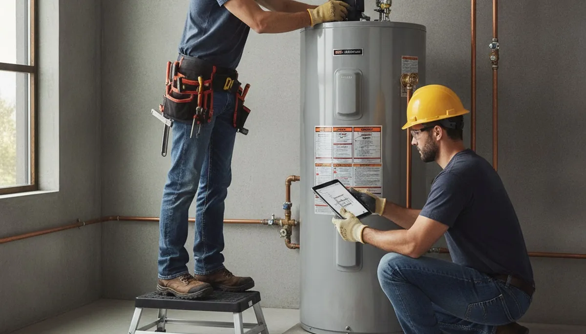 Austin, TX plumber repairing a water heater for emergency residential service